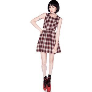 UNIF Kickflip Plaid Mini Dress Side Cutouts Black Red White Raw Hem Size Small